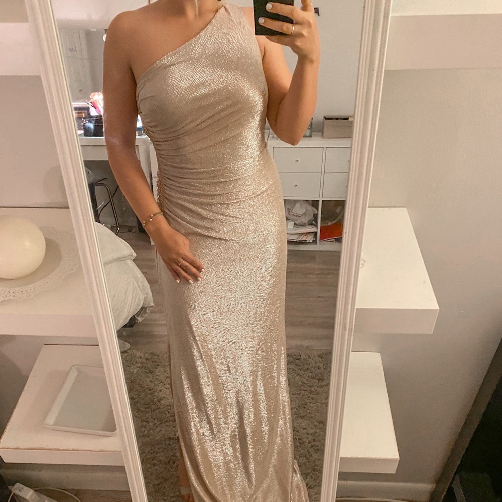 Calvin Klein One-Shoulder Metallic Gown